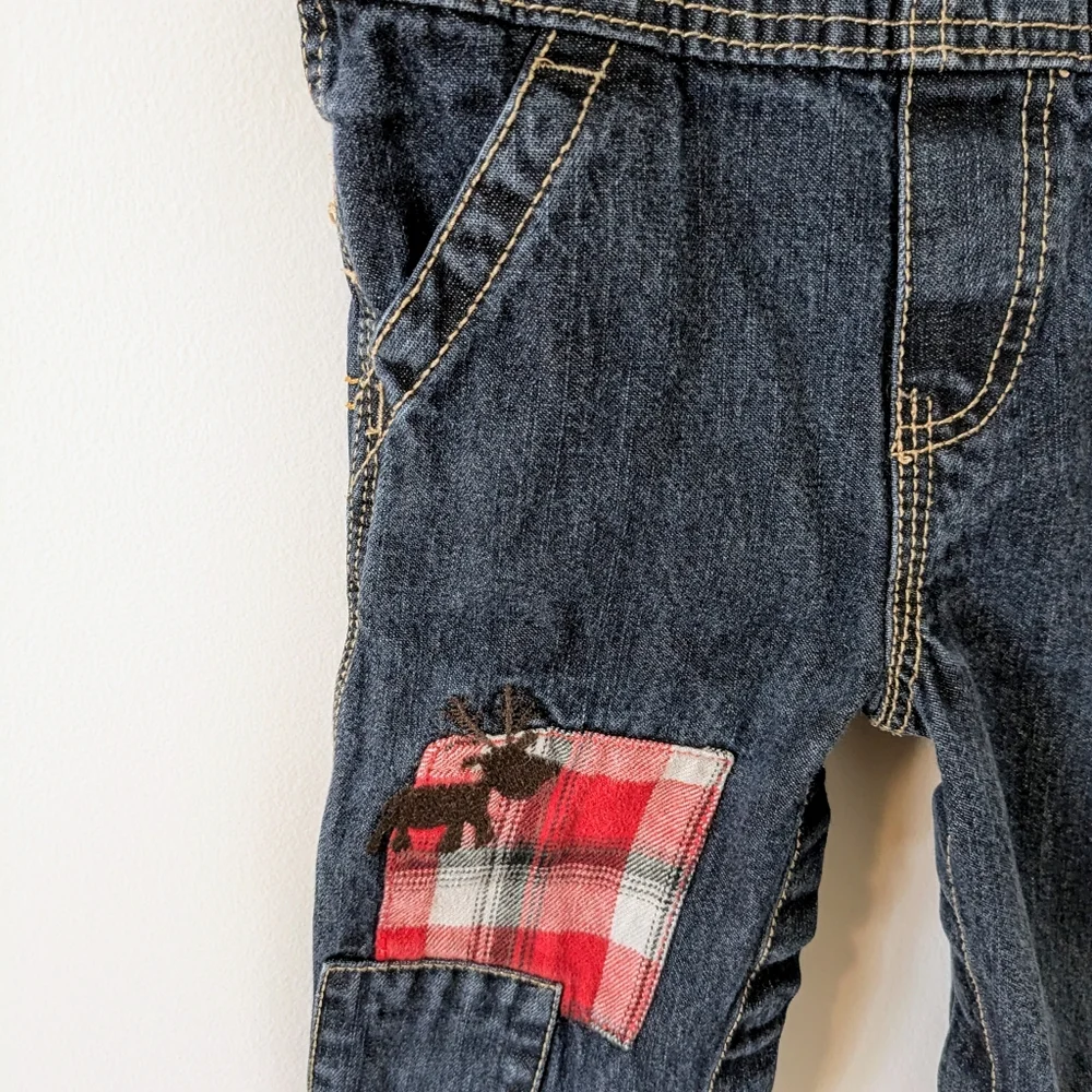 OshKosh B'Gosh Vestback Overalls Size 18M Denim Moose Embroidered Plaid Holiday